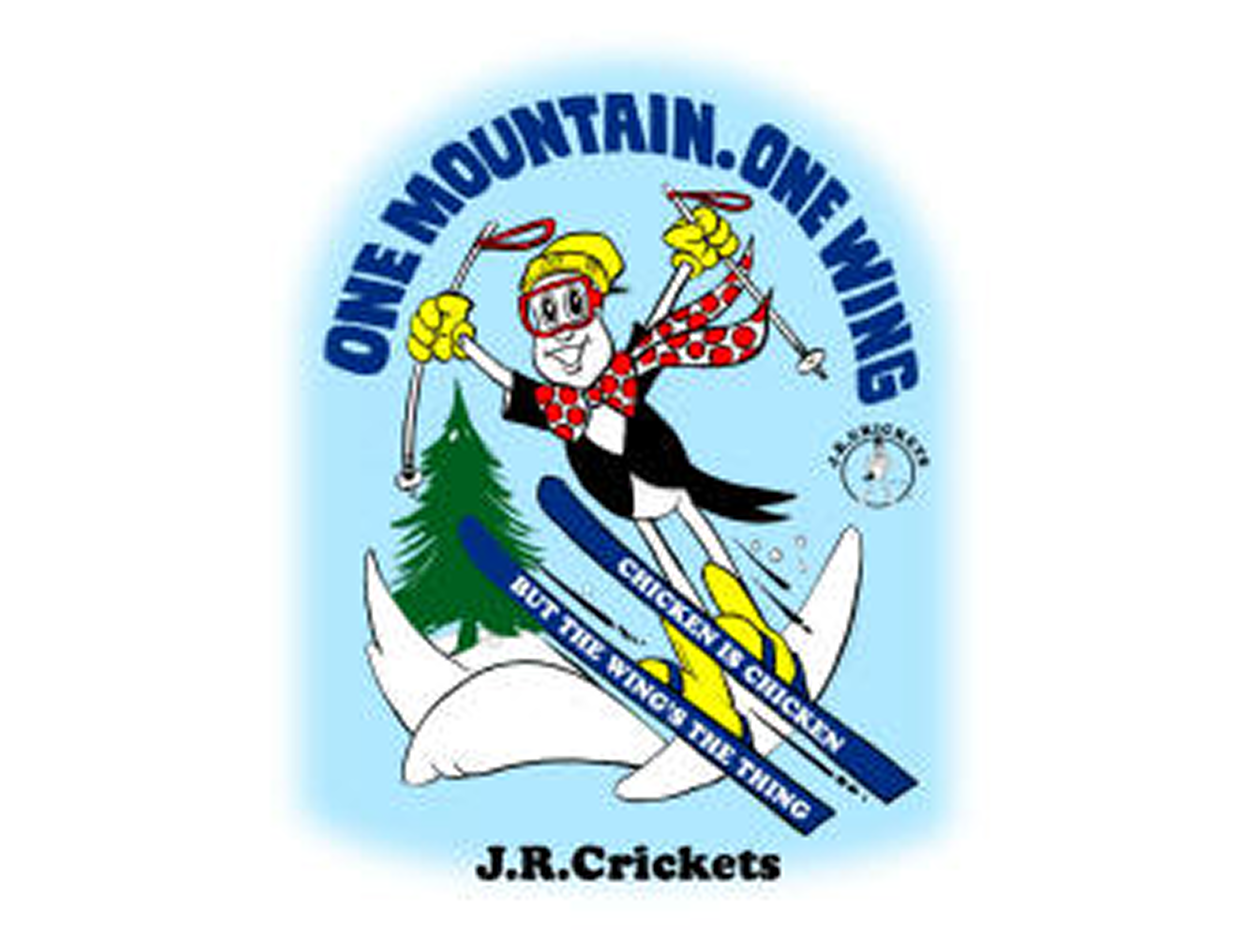 Cartoon of a person skiing down a mountain with the words ", One Wing" written above them