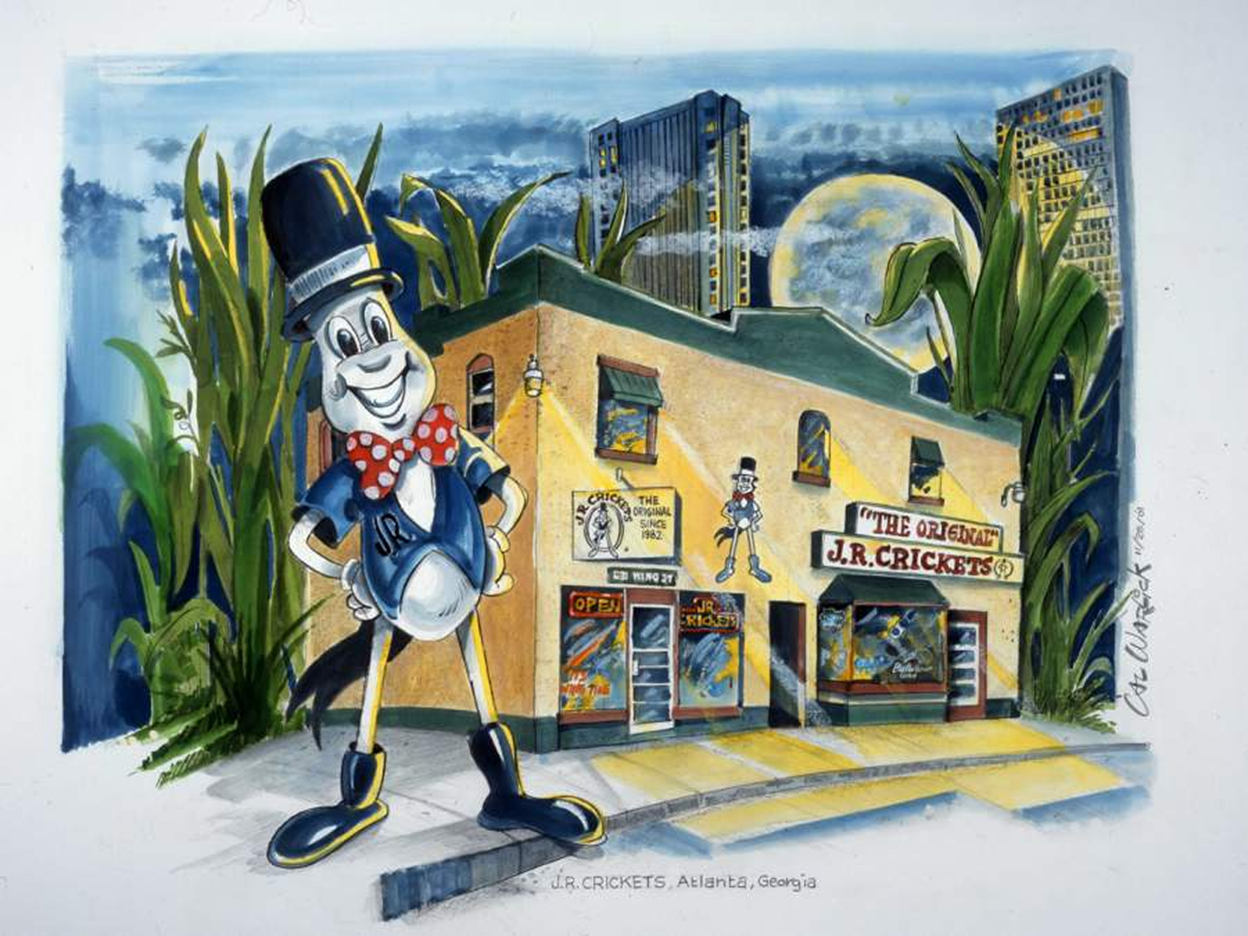 Painting of a man in a top hat and bow tie standing in front of a building with windows, plants