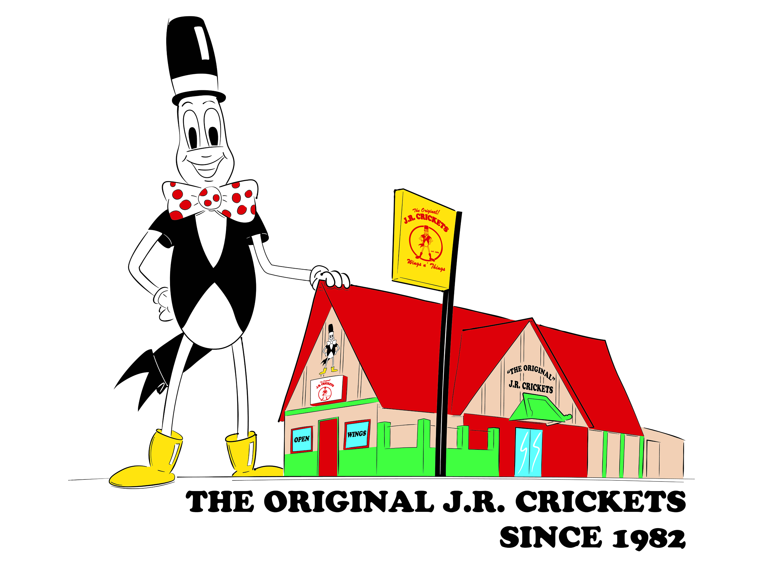 Cartoon of a person standing in front of a house with a pole and board
