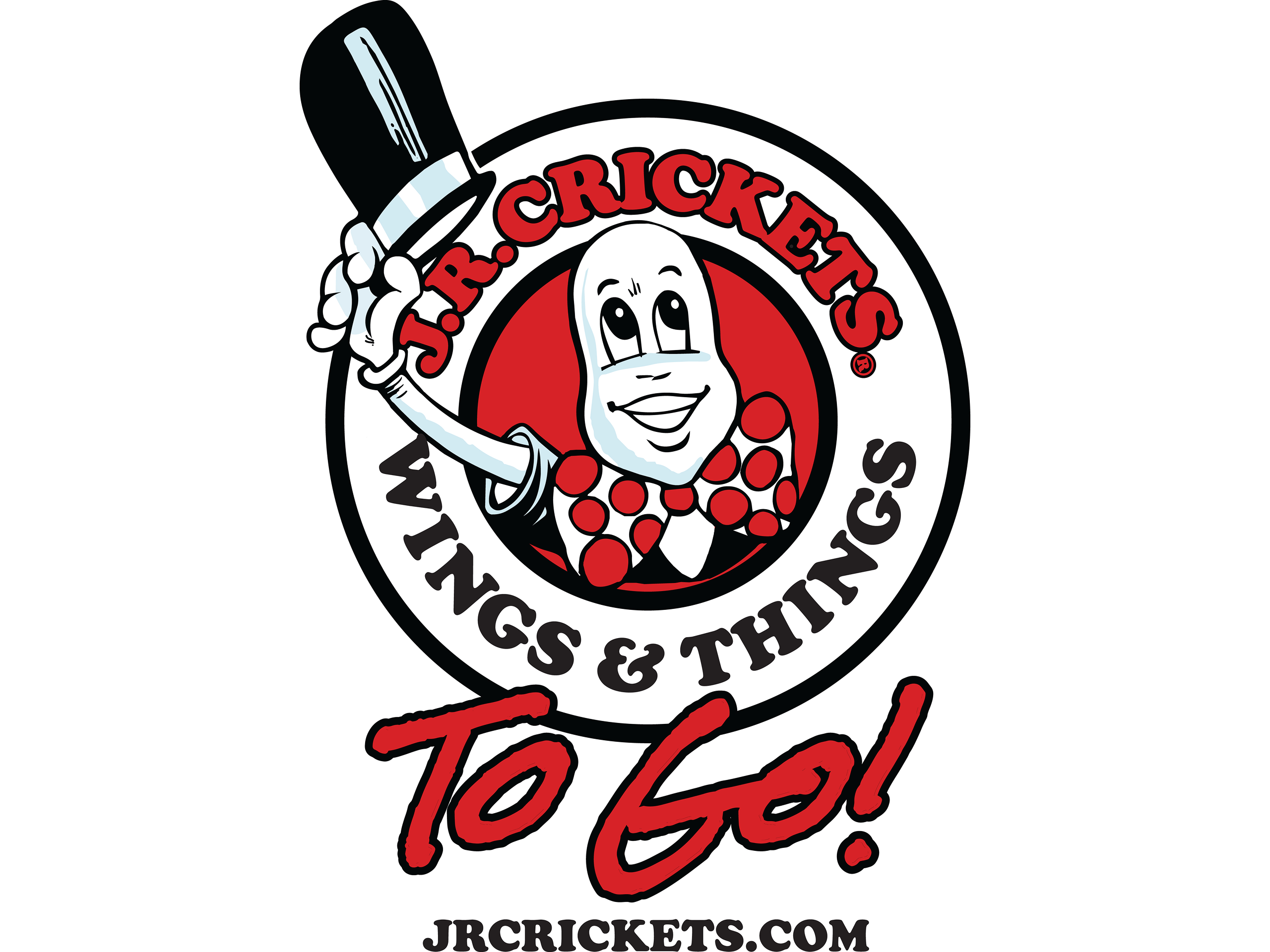 Logo with the words "jr crickets wings & things to go" written in bold, black font against a white background