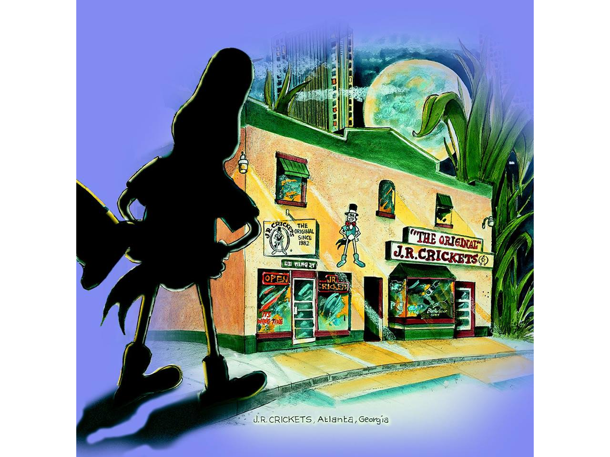 Cartoon of a woman walking down a street in front of a building, with a bird perched on her shoulder