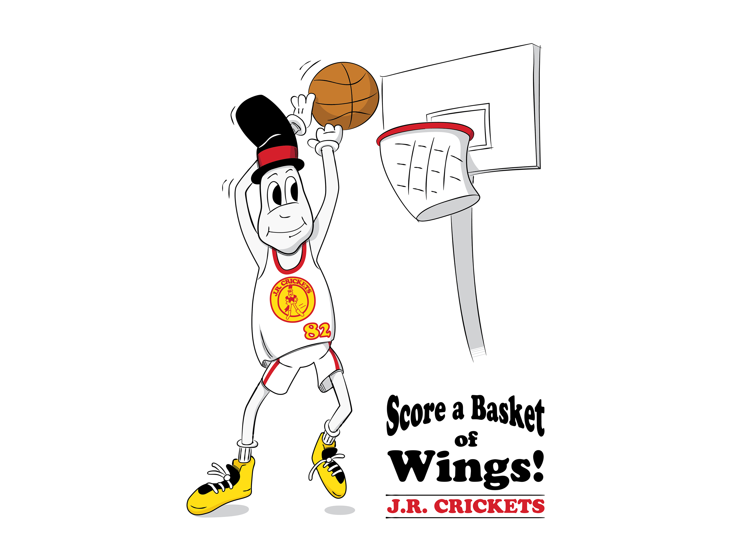 Cartoon of a person holding a basketball with the words "Score a Basket of Wings" written on it