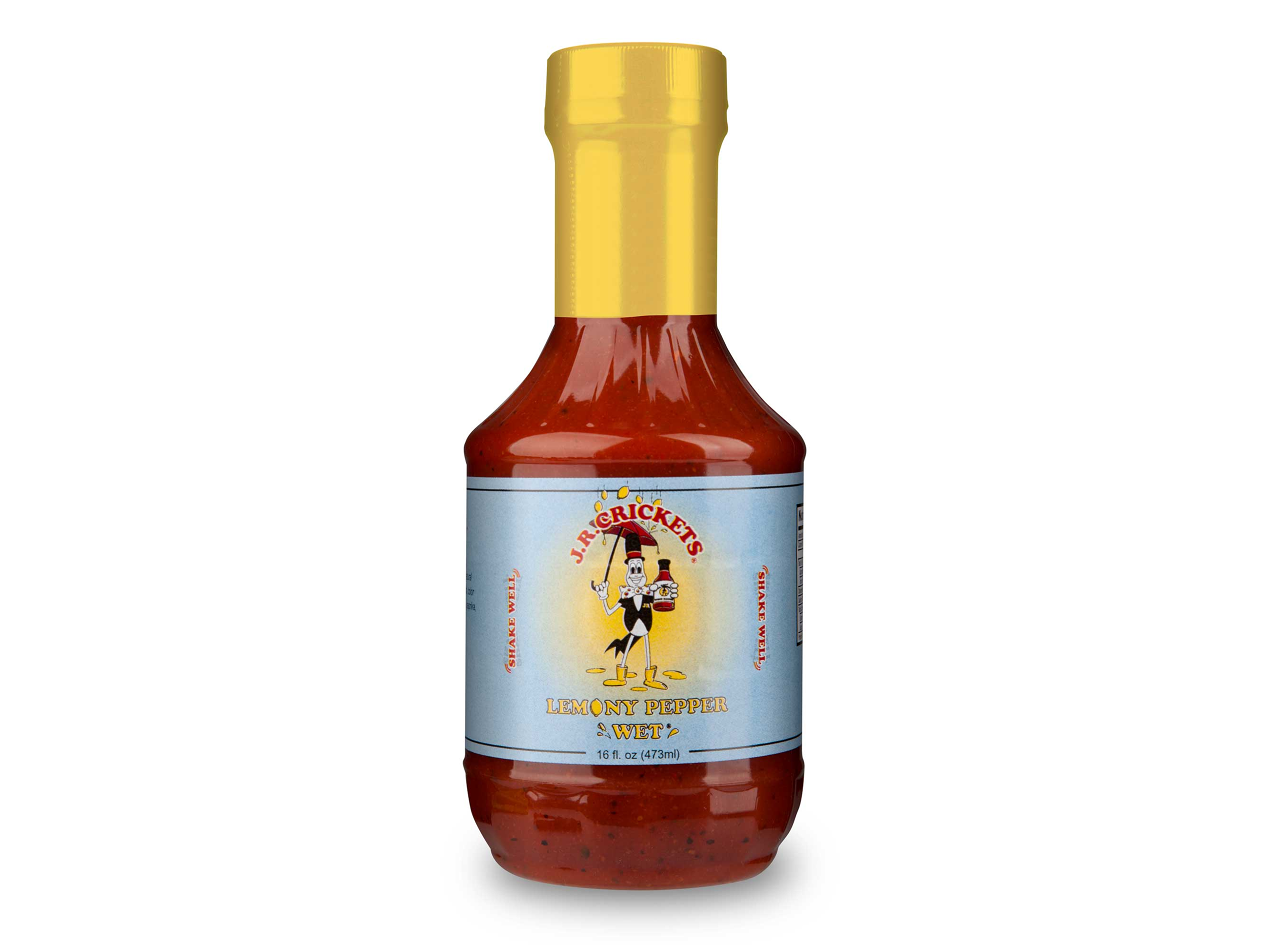 Bottle of red hot sauce with a cap and a label on it, featuring a picture of a person